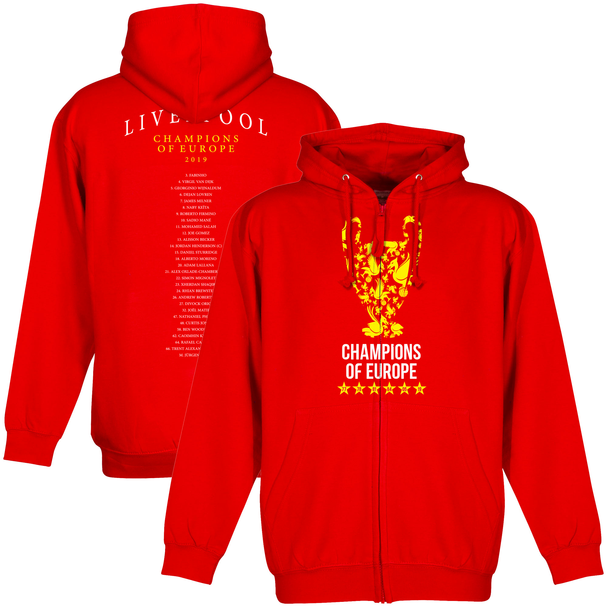 Liverpool Trophy Champions of Europe Squad 2019 Zipped Hoodie Rood
