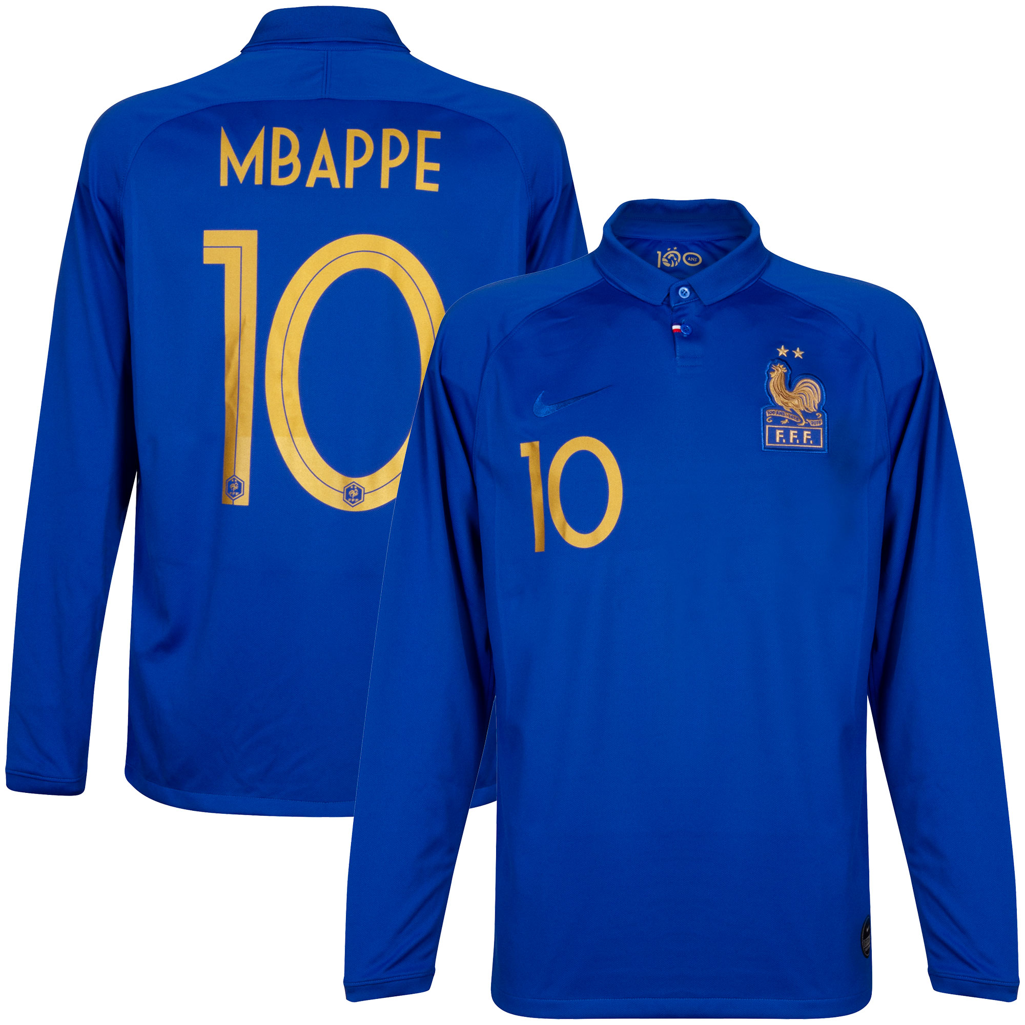 Frankrijk Centennial Shirt Thuis 1919-2019 (lange mouwen) + Mbappe 10 XXL